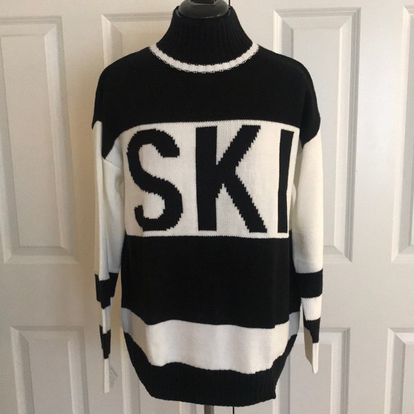 New Black and White SKI Knit Mock Turtleneck Striped Sweater Skiing M to… - Picture 1 of 16